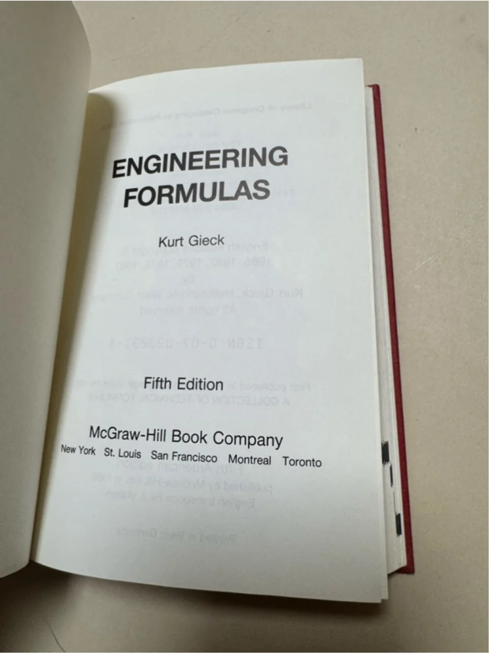 Kurt Gieck McGraw-Hill Engineering Formulas 5th Edition 1986 Hardcover